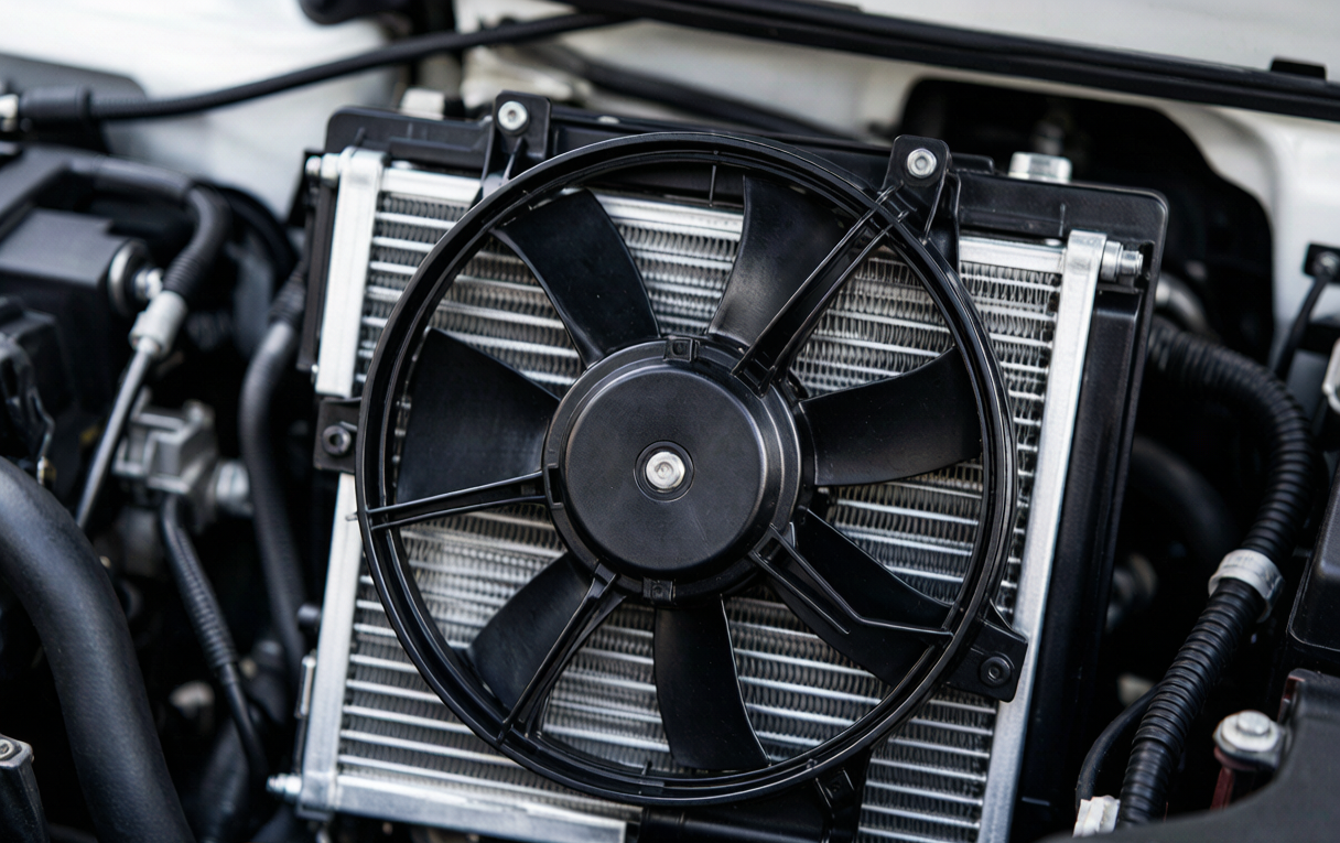 radiator cooling fan installed in vehicle engine bay