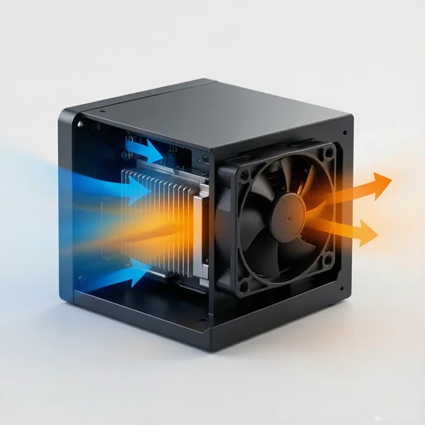 Interior of an electronics enclosure showing a DC fan, PCB, and heat sink