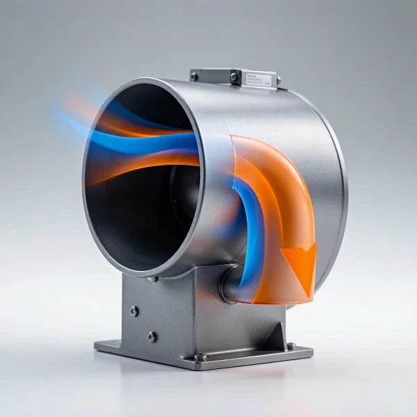 Centrifugal blower outlet with a 90-degree elbow showing airflow direction