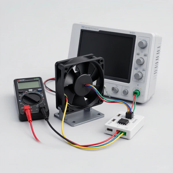 4-wire DC fan bench test setup with controller board and oscilloscope for PWM signal verification