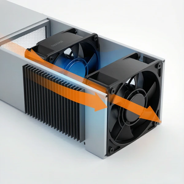 Two axial cooling fans installed in series inside an electronics enclosure with a heat sink and filter