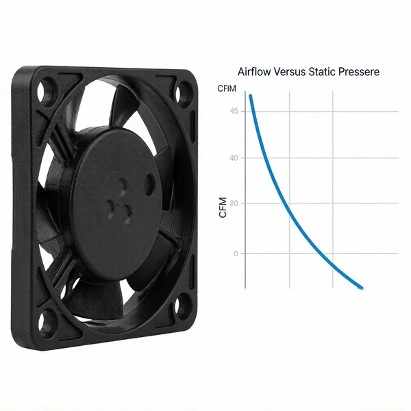 Fan P-Q performance curve showing airflow decreasing as static pressure rises