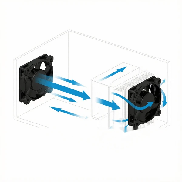Inverter cabinet cross-section showing axial fan and centrifugal blower airflow paths