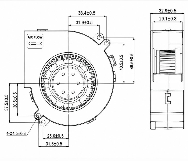 DC9733 97x94x33mm DC Blower Fan Dimension Drawing DC9733 97x94x33mm centrifugal blower fan dimension drawing