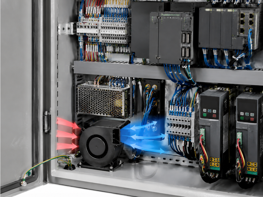 DC9733 blower fan for industrial control enclosure cooling DC9733 blower fan cooling industrial control cabinets and power distribution enclosures