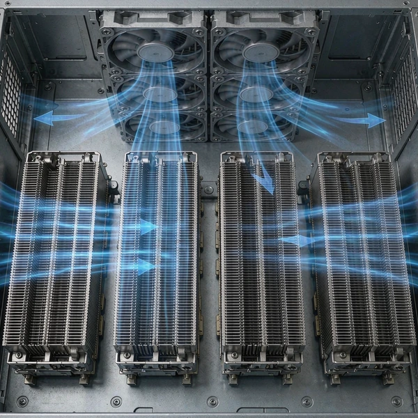 Inside a multi-GPU server showing airflow distribution from the fan wall across several passive GPU heatsinks