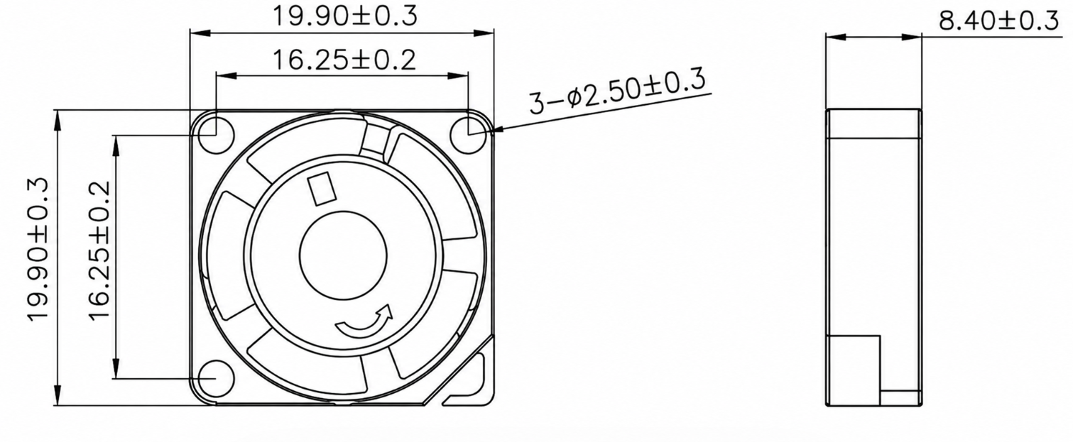 YCCFAN DC2008 20x20x8mm Small DC Cooling Fan Dimension Drawing YCCFAN DC2008 20x20x8mm small DC cooling fan dimension drawing