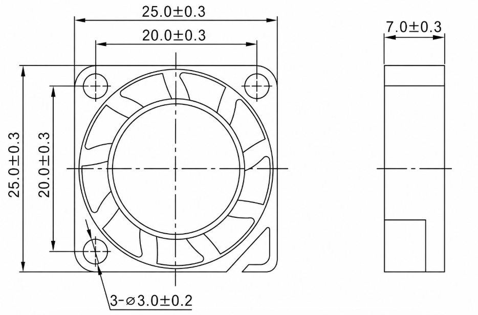 YCCFAN DC2507 25x25x7mm DC axial cooling fan dimension drawing
