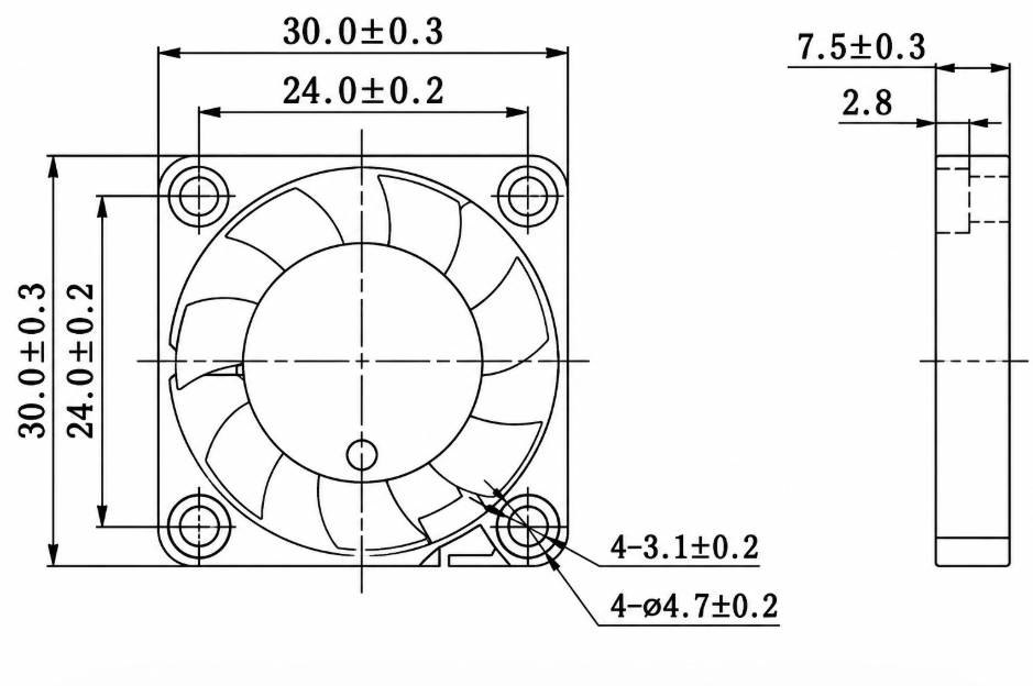 YCCFAN DC3007 30x30x7mm DC Cooling Fan Dimension Drawing YCCFAN DC3007 30x30x7mm DC cooling fan dimension drawing
