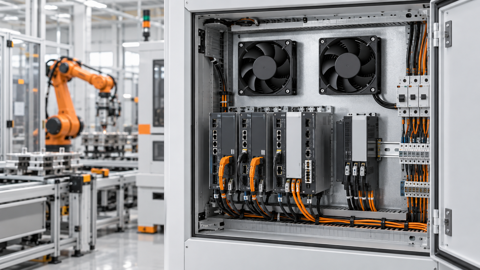 DC axial fans cooling an industrial automation control cabinet